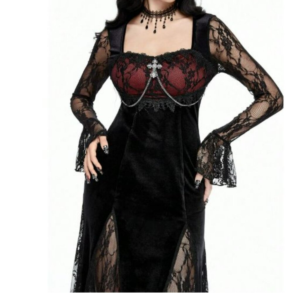 Gothic Black & Red Lace and Velvet Long Sleeve Midi Dress w/ Chain Detail Sz XL - Picture 3 of 16